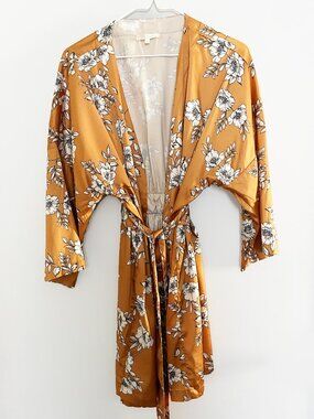 Z Supply Floral Satin Kimono Robe XS/S Mustard Gold Boho Tie Waist Loungewear